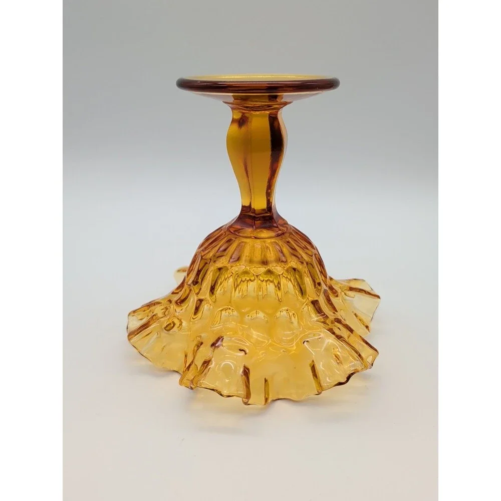 VTG Fenton Pedestal Fluted Ruffled Edge Colonial Amber Thumbprint Compote Glass