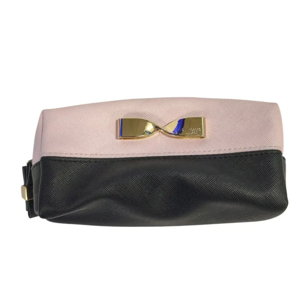 Victoria's Secret Cosmetic Pink/Black Gold Logo Metal Bow Zip Travel Bag