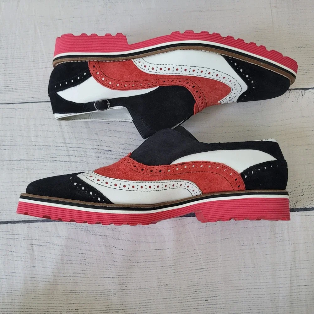 GIROTTI MILANO Wingtip‎ Oxford Shoes Black White Red Suede No Lace Size 43 US 9