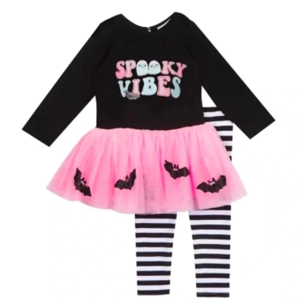 NEW! Spooky Vibes w/ Bats Tutu & Legging Fall / Halloween Set, black & pink