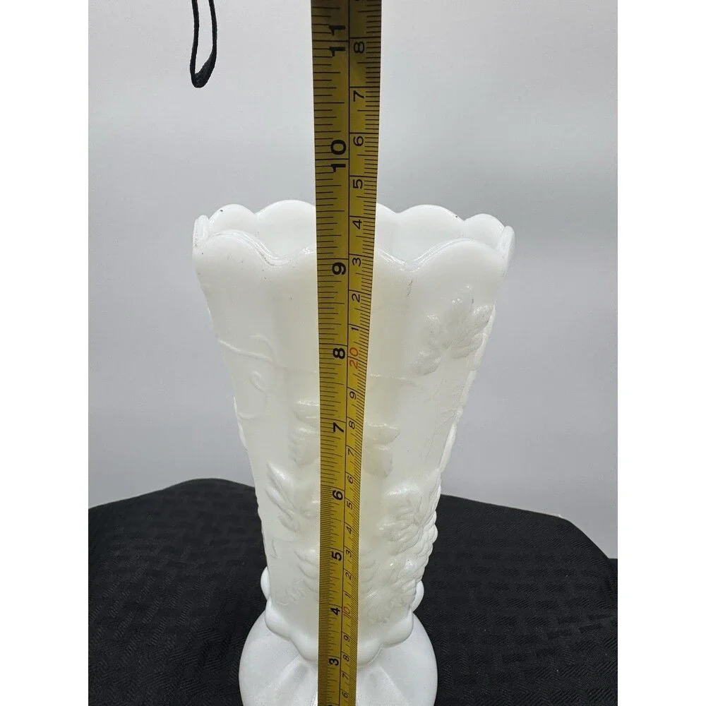 Vintage Milk Glass Footed Vase Grapes Flowers - Paneled, Scalloped Rim - 9 1/4