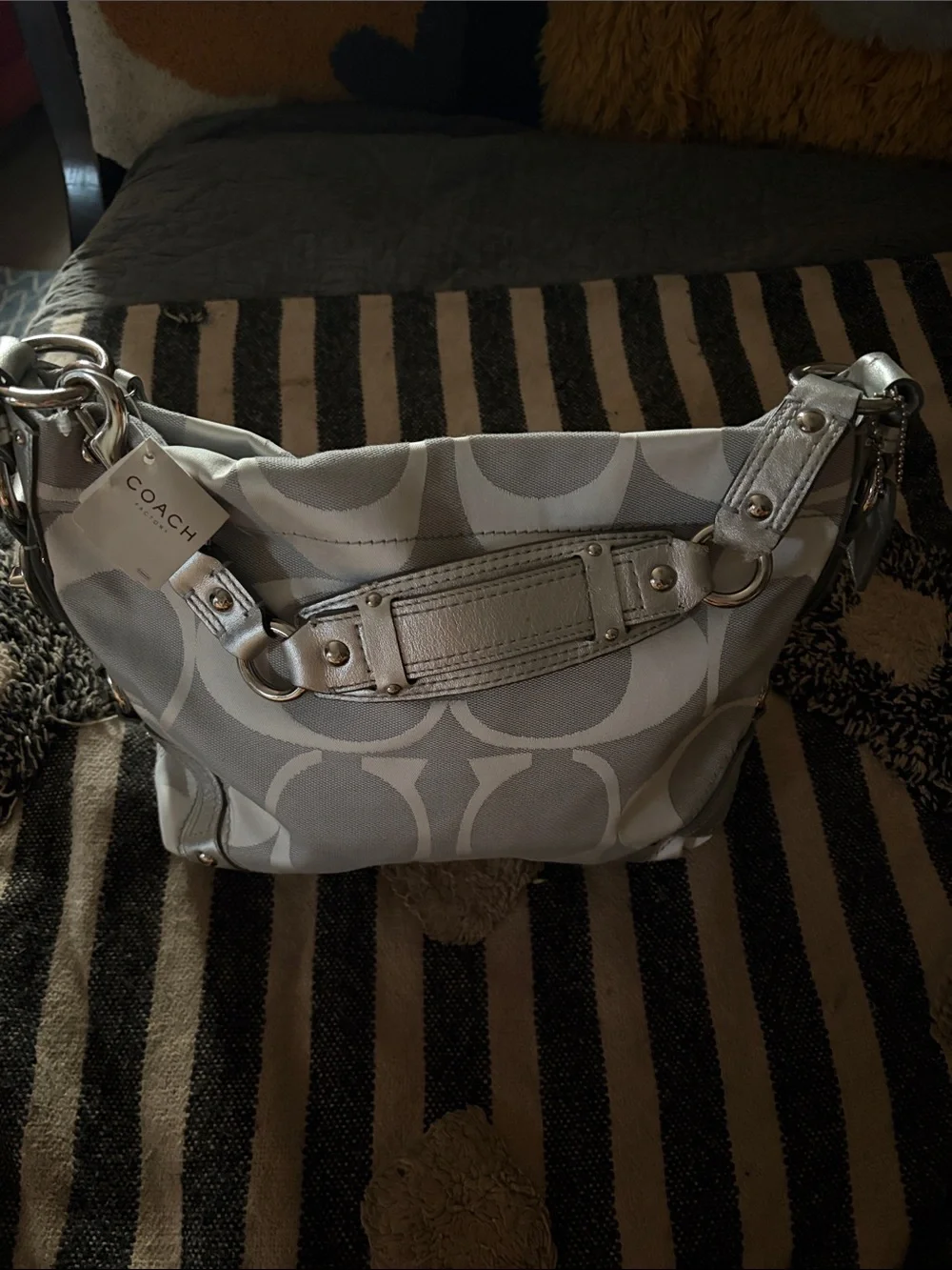 Coach Silver Signature Canvas Hobo with Metallic Trim NWT