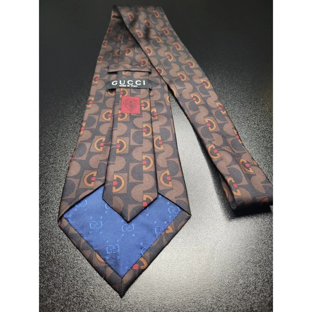 Gucci Men's Necktie Brown Geometric G Logo Silk 3.75