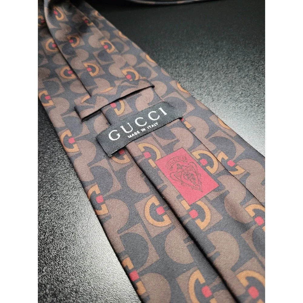 Gucci Men's Necktie Brown Geometric G Logo Silk 3.75