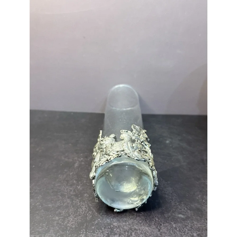 VTG Arthur Court Vase Glass Clear Cylinder Applied Aluminum Bear Cubs