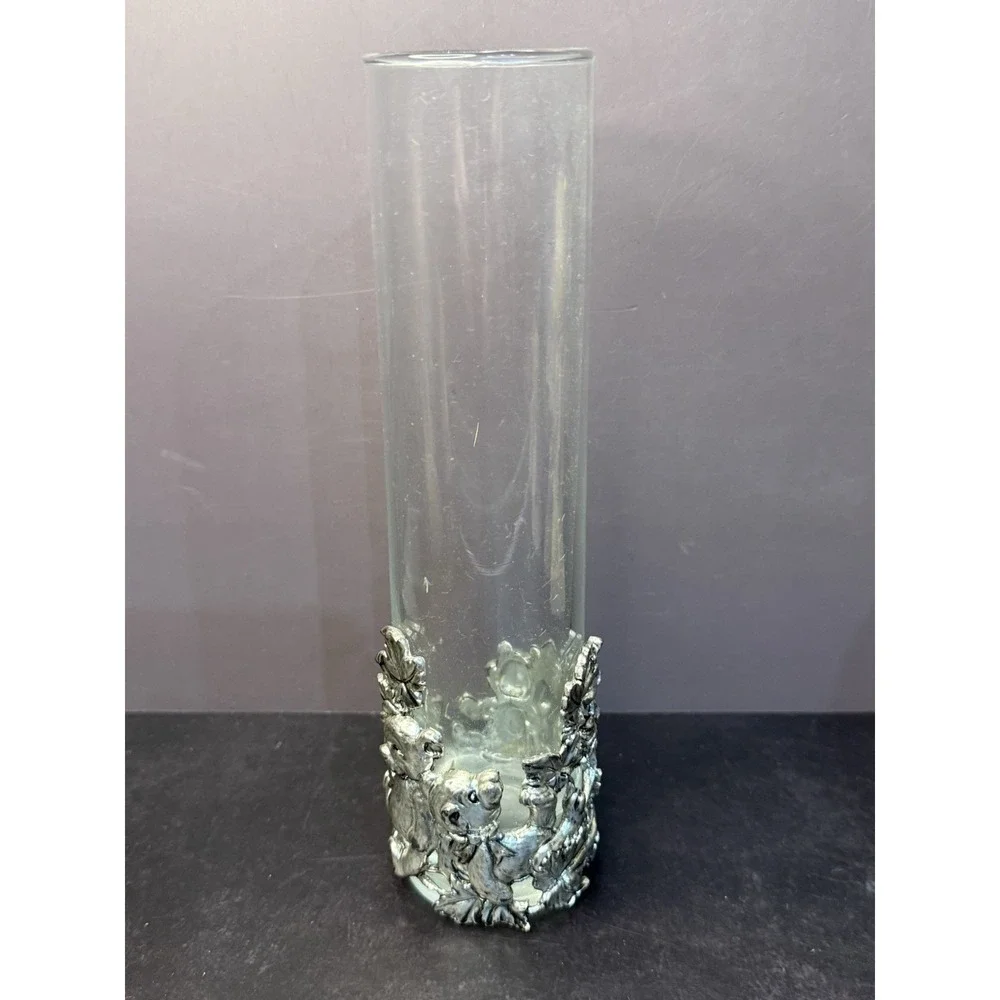VTG Arthur Court Vase Glass Clear Cylinder Applied Aluminum Bear Cubs