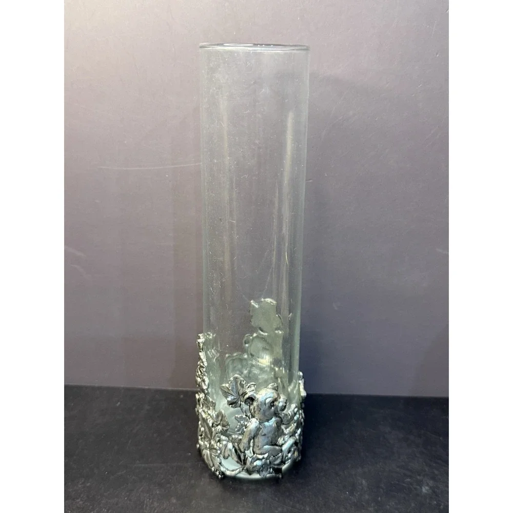 VTG Arthur Court Vase Glass Clear Cylinder Applied Aluminum Bear Cubs