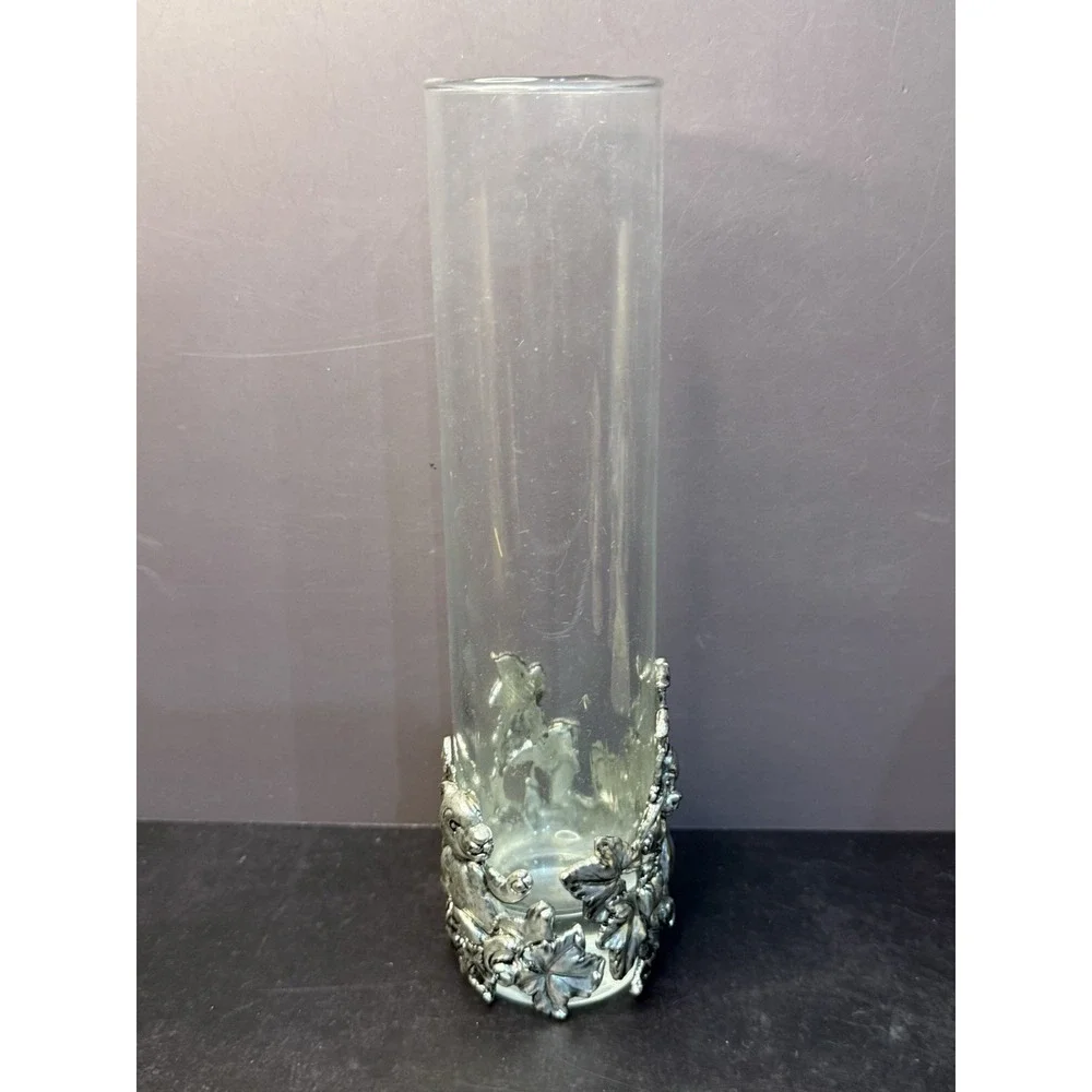 VTG Arthur Court Vase Glass Clear Cylinder Applied Aluminum Bear Cubs