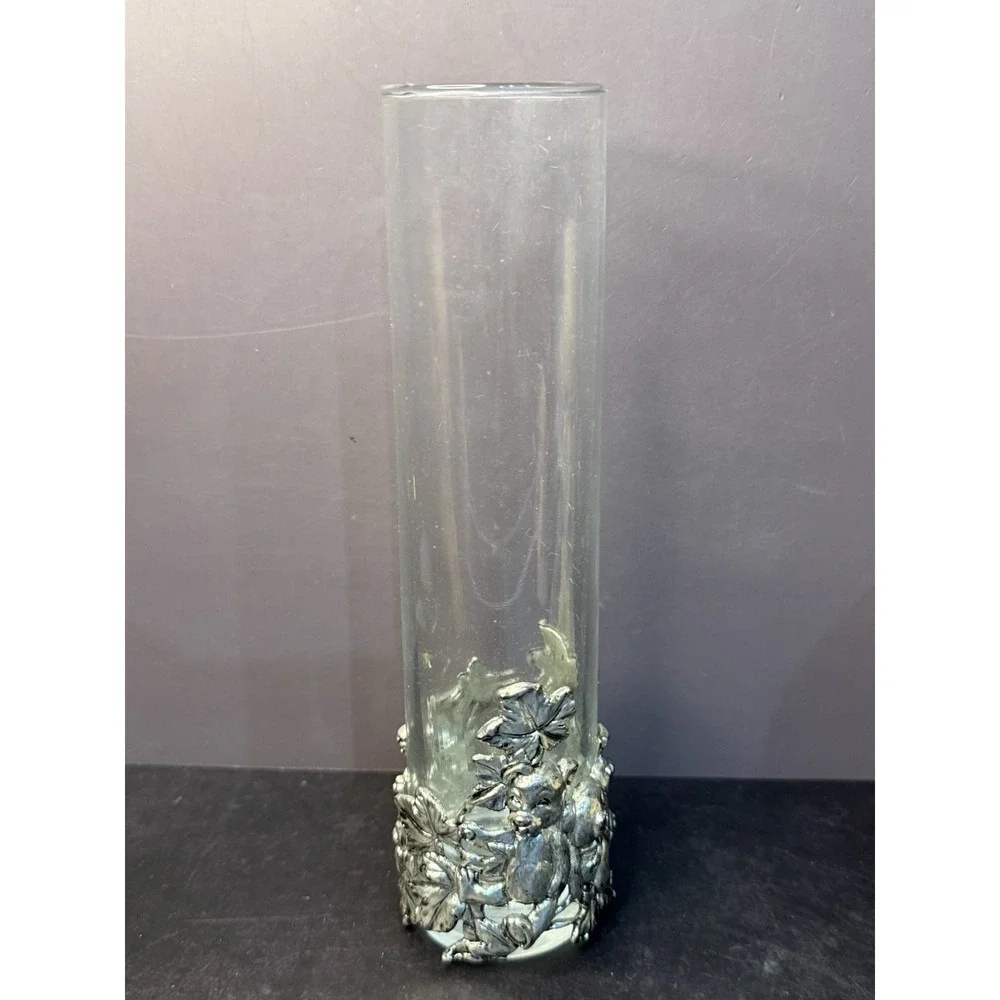VTG Arthur Court Vase Glass Clear Cylinder Applied Aluminum Bear Cubs