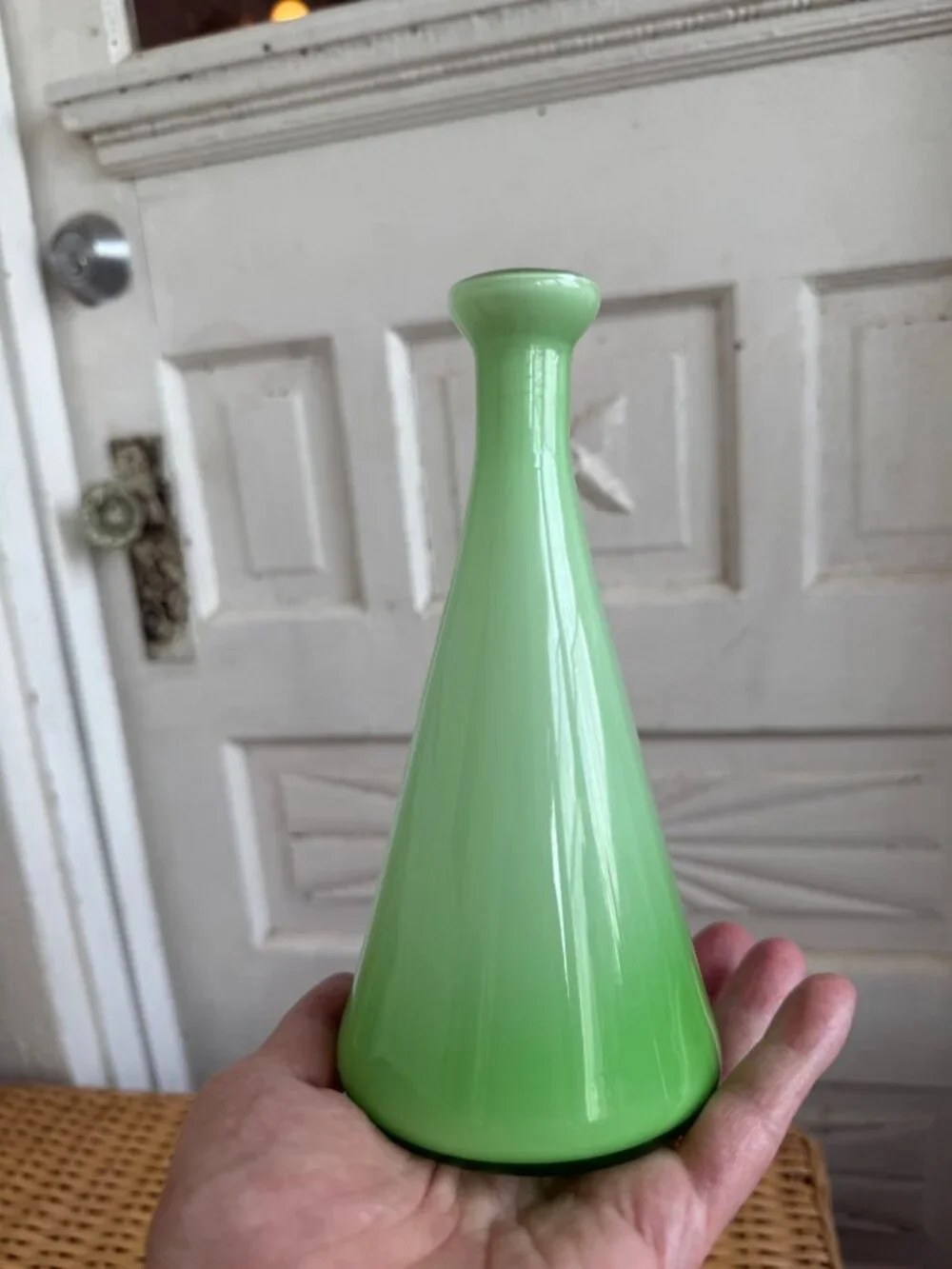 Vintage MCM Art Glass Encased White and Jadite Green Gradiant Bud Vase 7