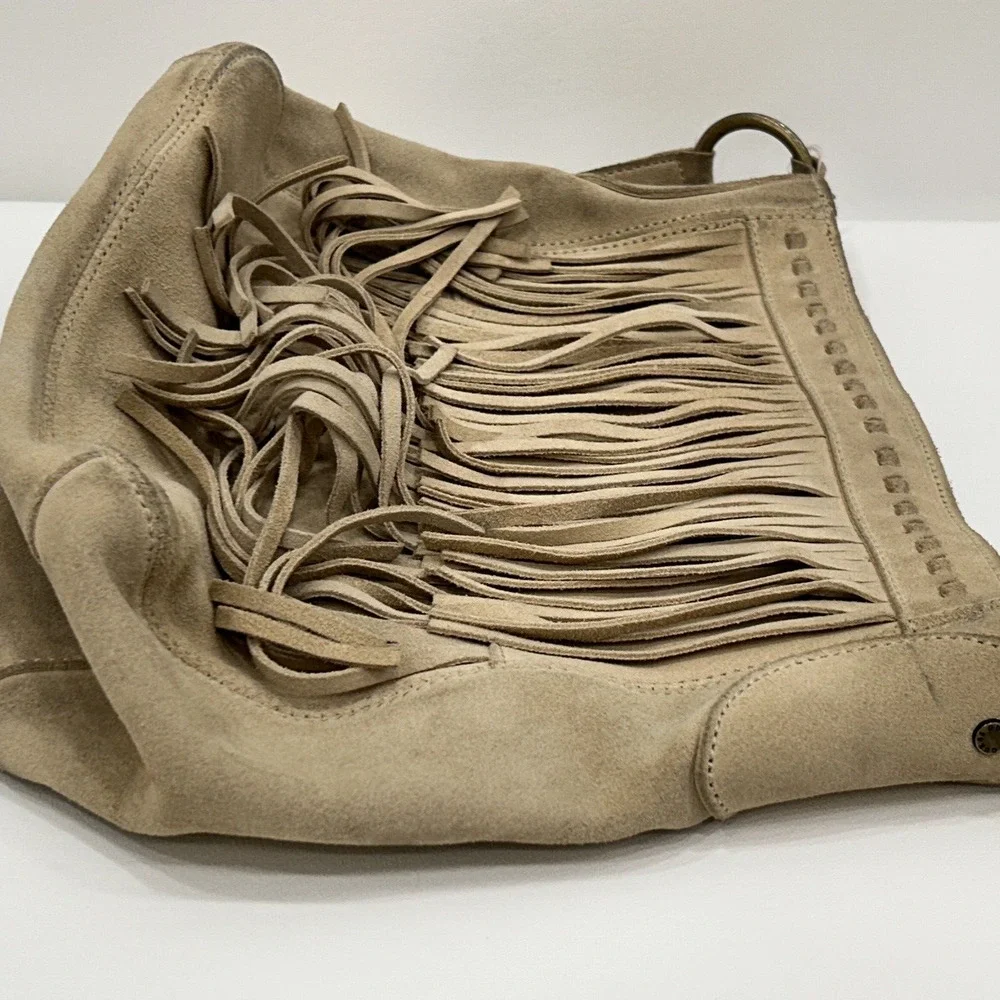 Guess Leather Suede Beige Tan Y2K‎ Hobo Shoulder Fringe Top Zip HandBag Purse