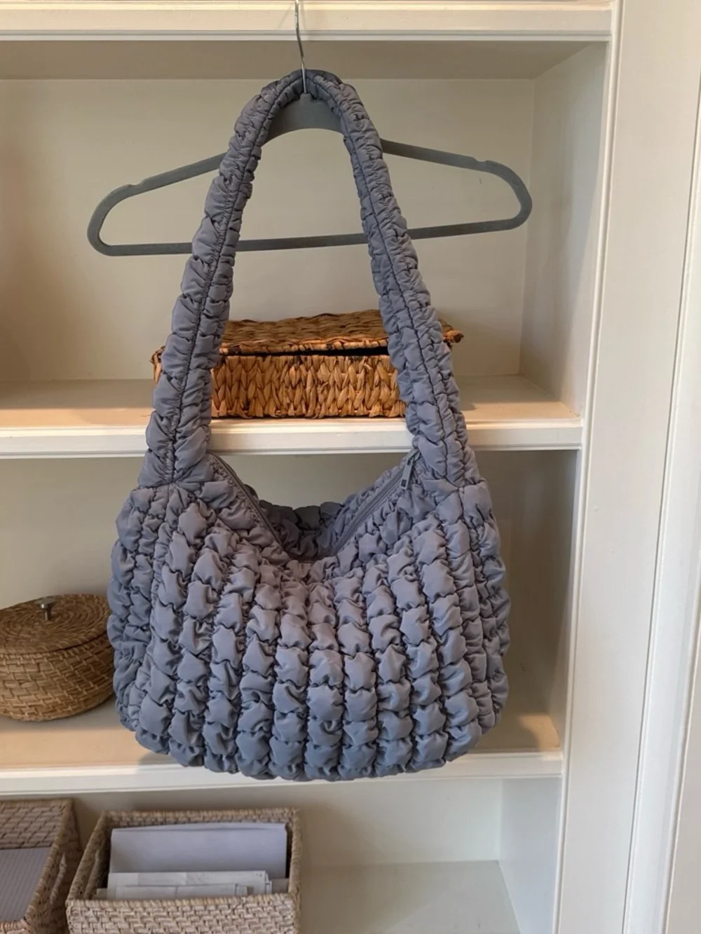 Quilted Ruched Shoulder Bag - Gray