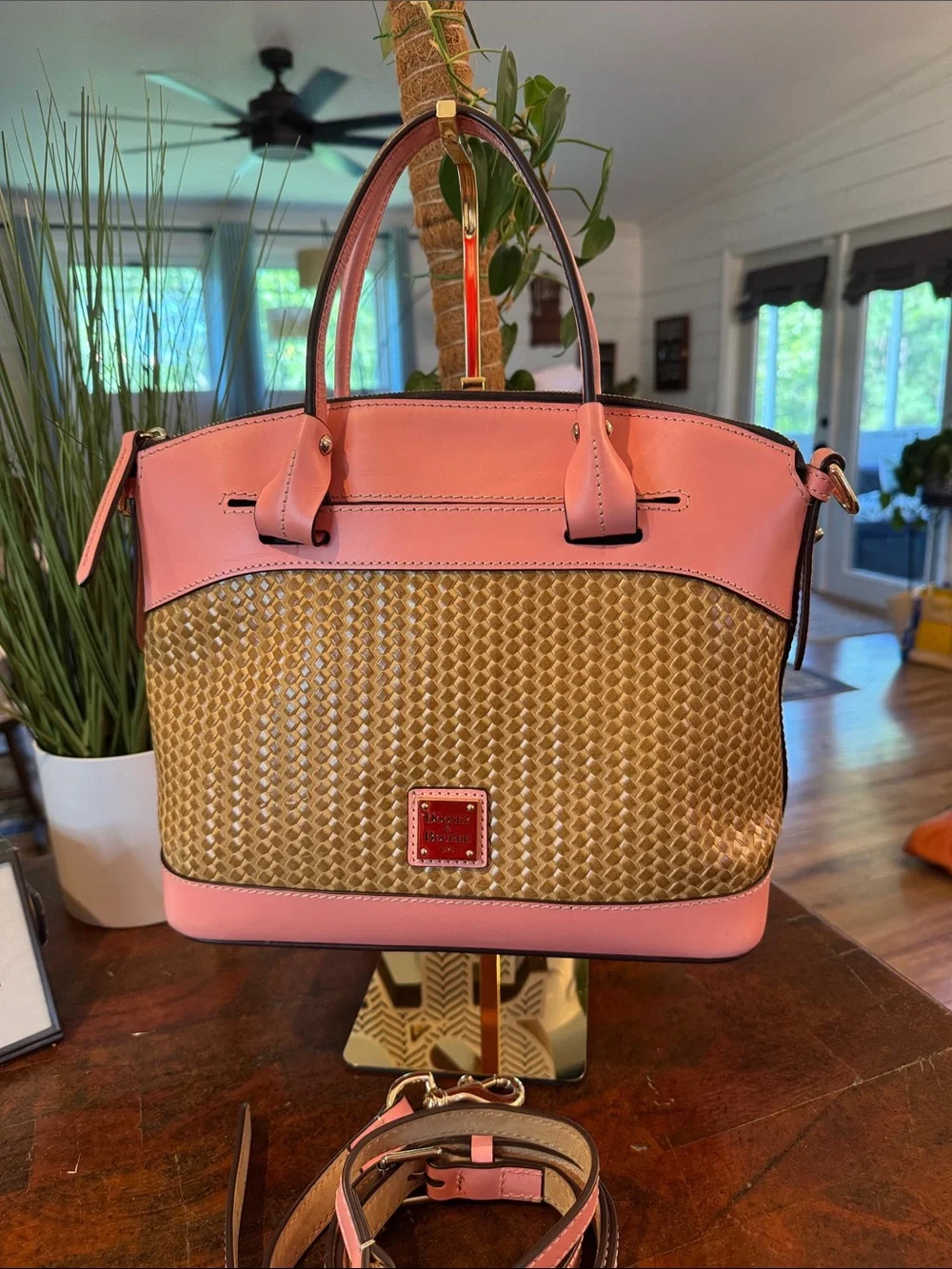 Dooney & Bourke Beacon Woven Embossed Leather Satchel/Crossbody with Pink Trim