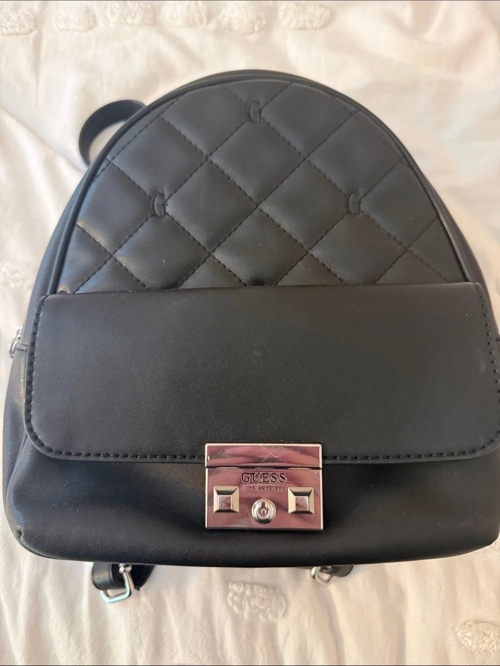 GUESS Black Quilted Mini Backpack with Silver-Tone Lock