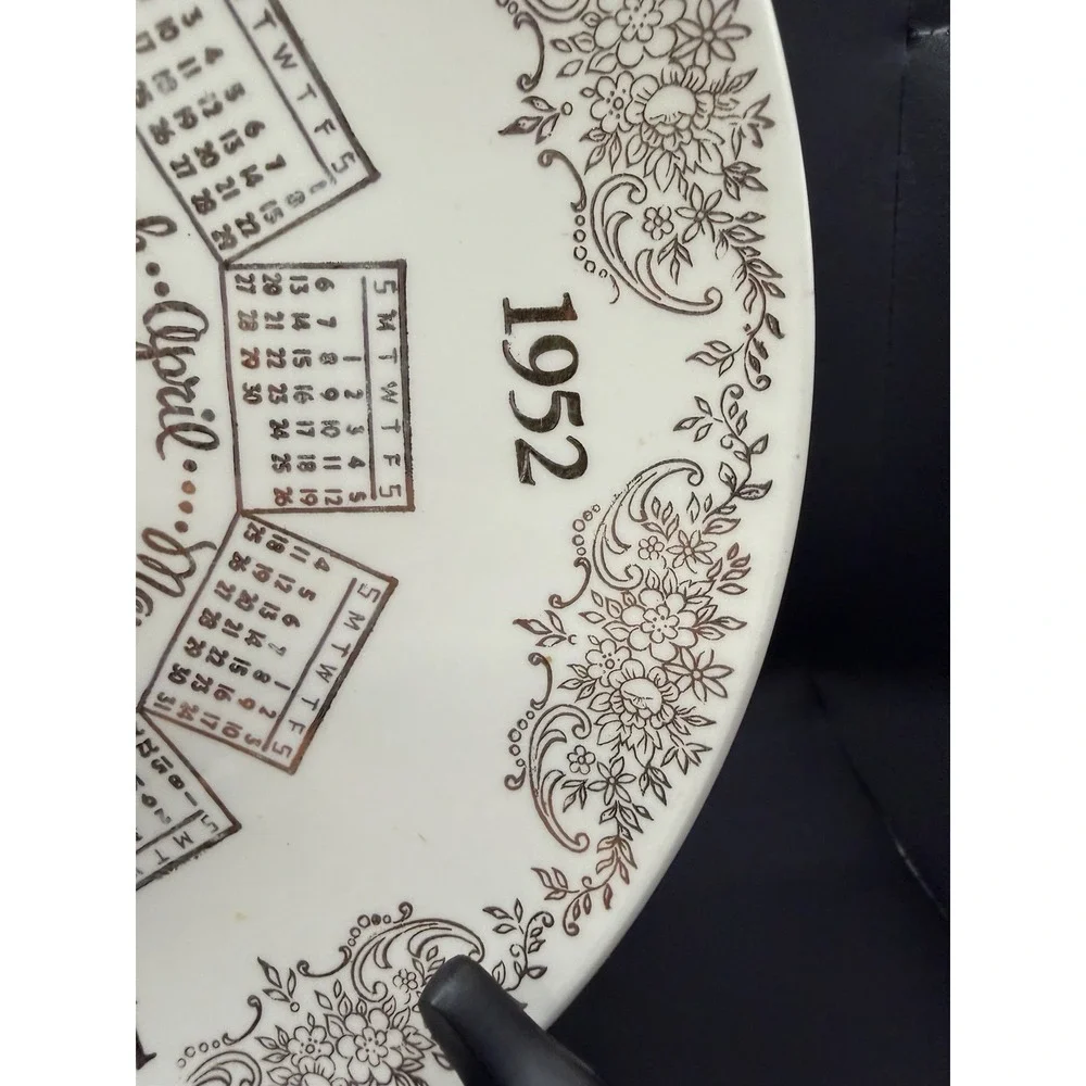 Vintage 1952 Calendar Plate Windmill Sailing Ships Brown Transferware 10