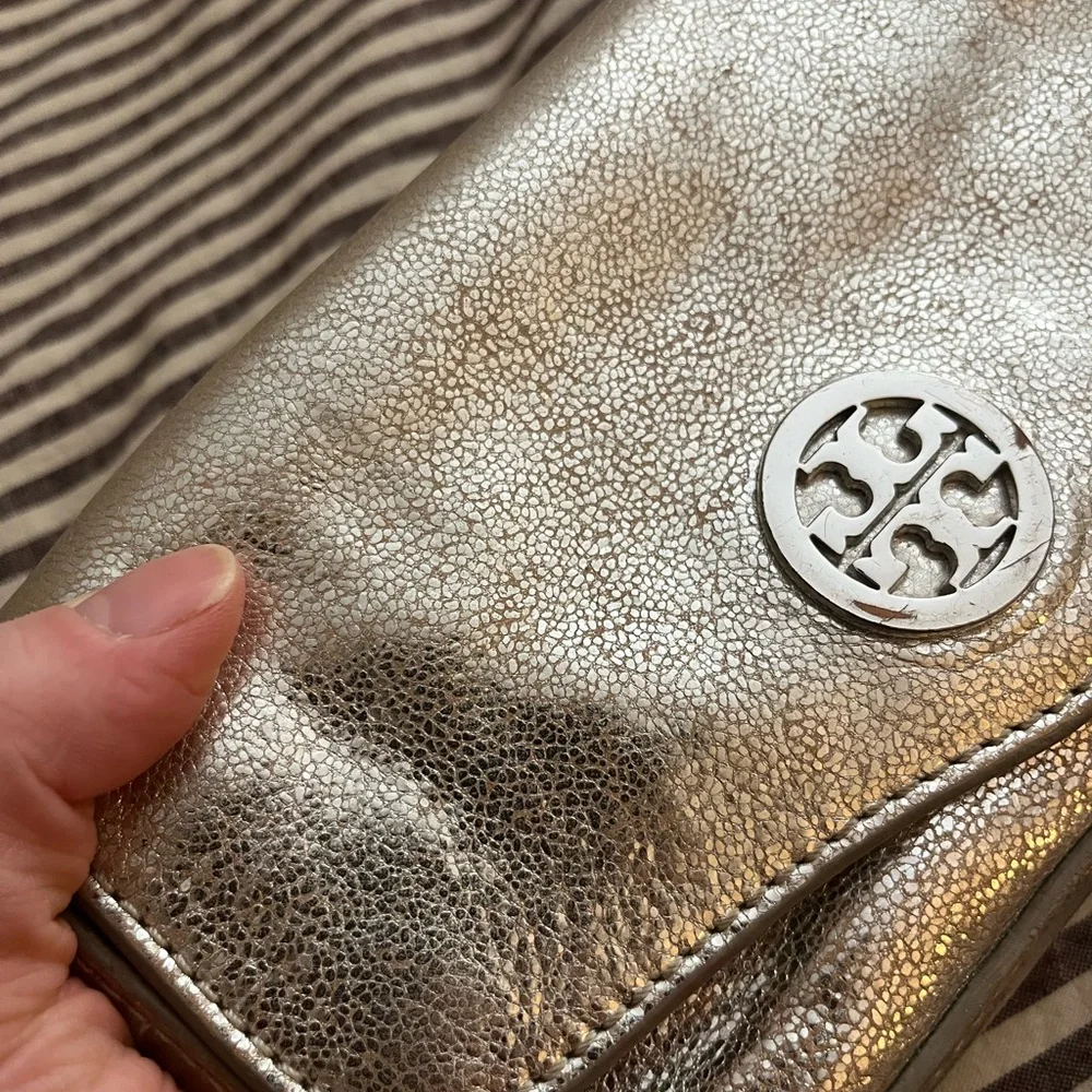 Tory Burch Metallic Taupe Leather Flap Wristlet