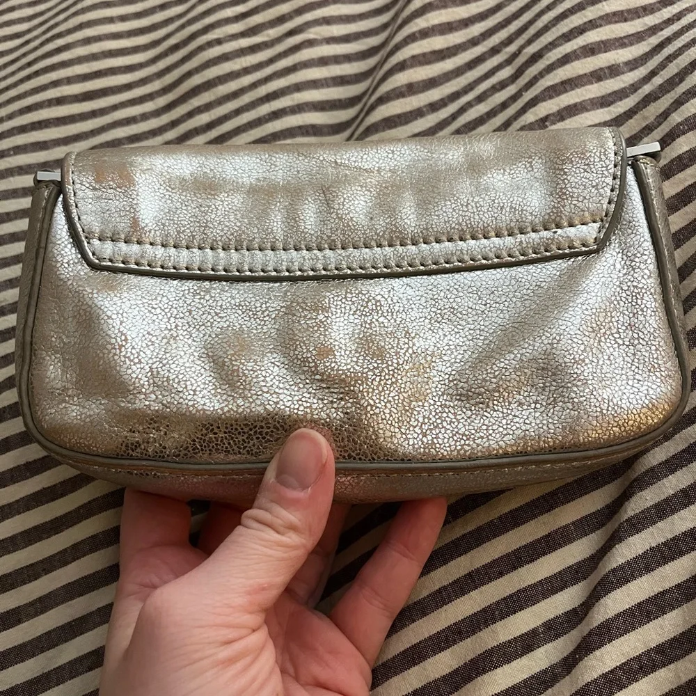Tory Burch Metallic Taupe Leather Flap Wristlet