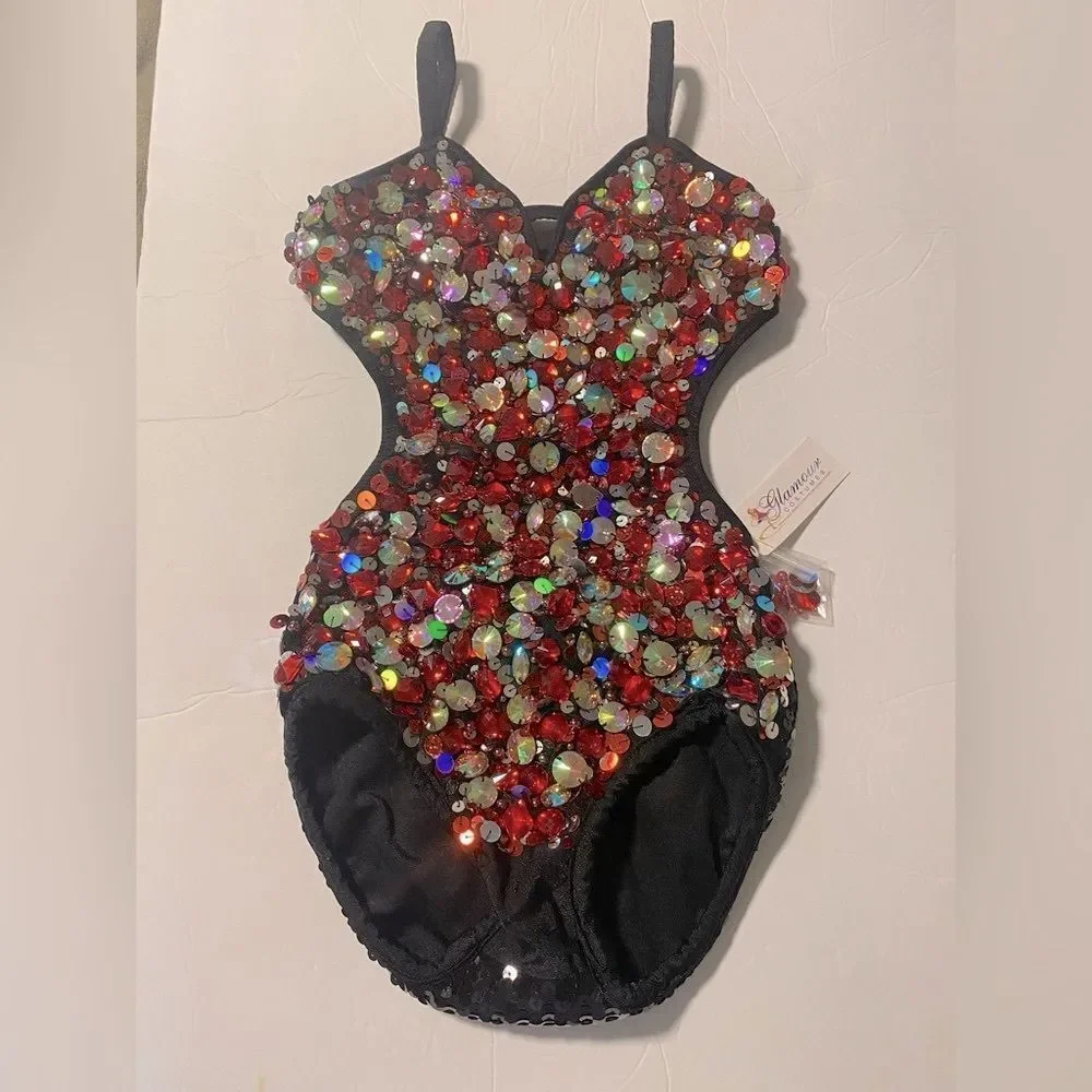 Glamour competition solo dance costume black red jazz broadway LC large NWT