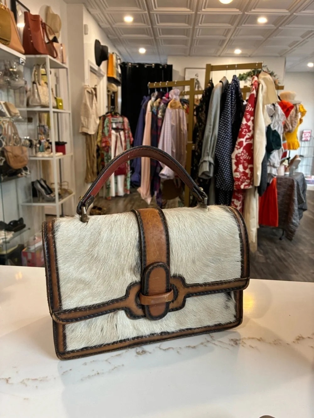 Vintage Handheld animal hair Leather Top-Handle Bag in White and Brown