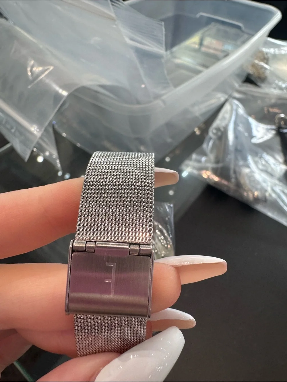 Ecclissi Facet Minimalist Stainless Steel Mesh Watch with Striped Dial