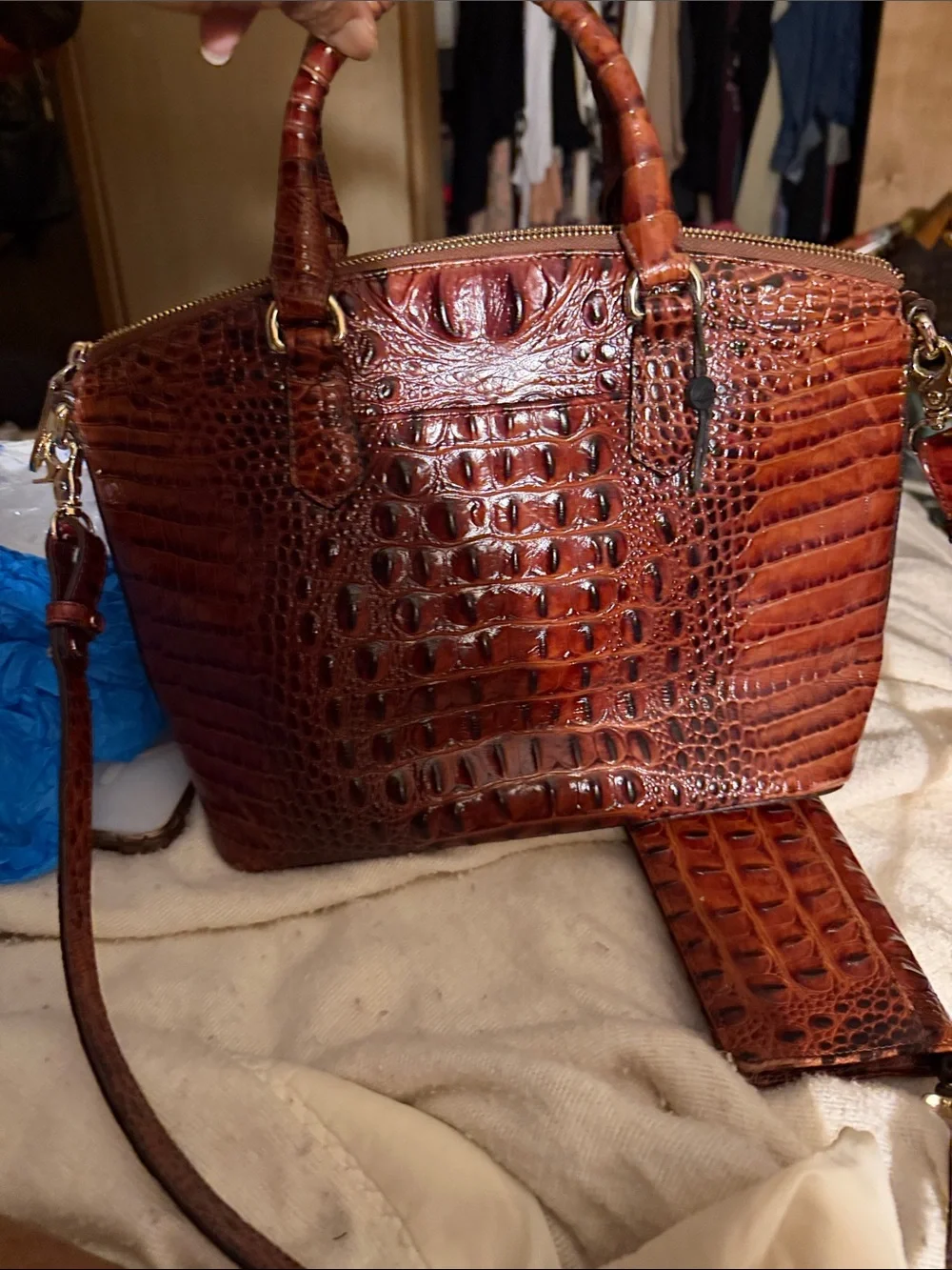 Women's Brahmin pecan Croc-Embossed Satchel Handbag in Cognac Brown with wallet