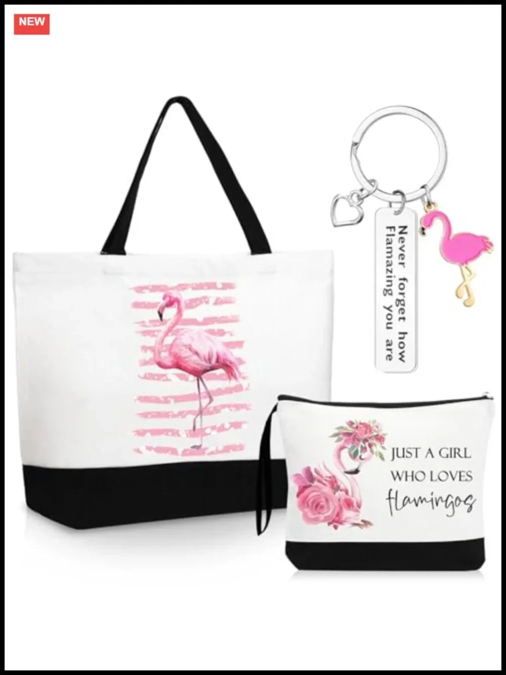 Flamingo Canvas Tote Bag with Makeup Pouch and Keychain, Set of 3, Travel Gift