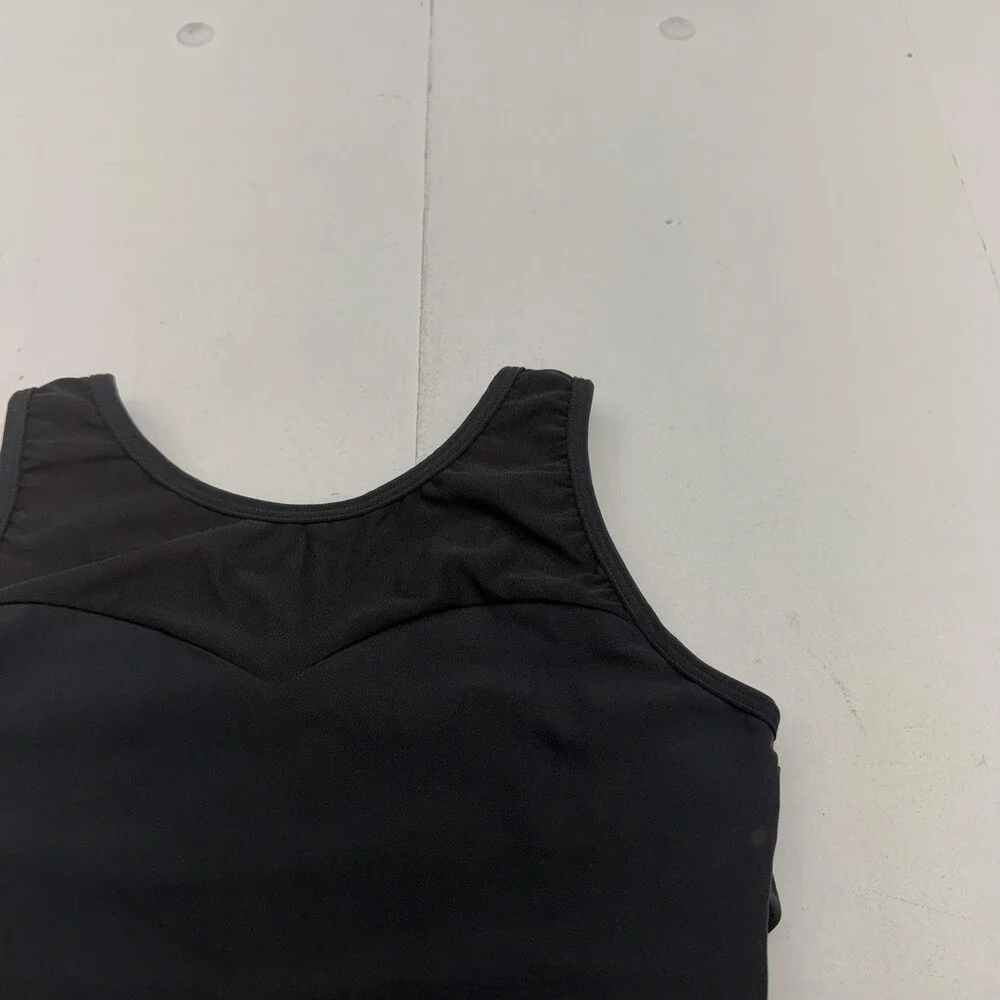 Every Turn Renew Leotard Girls 16 Black Sleeveless Mesh Ruched Back Dancewear