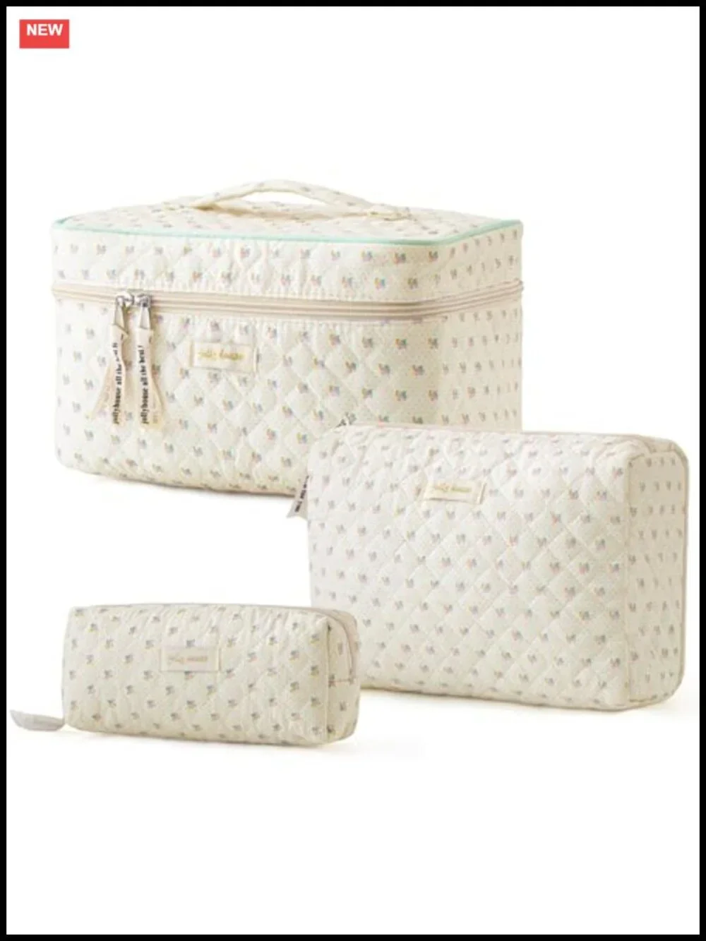 Quilted Cotton Makeup Bag Set of 3 Large Travel Toiletry Organizer Floral
