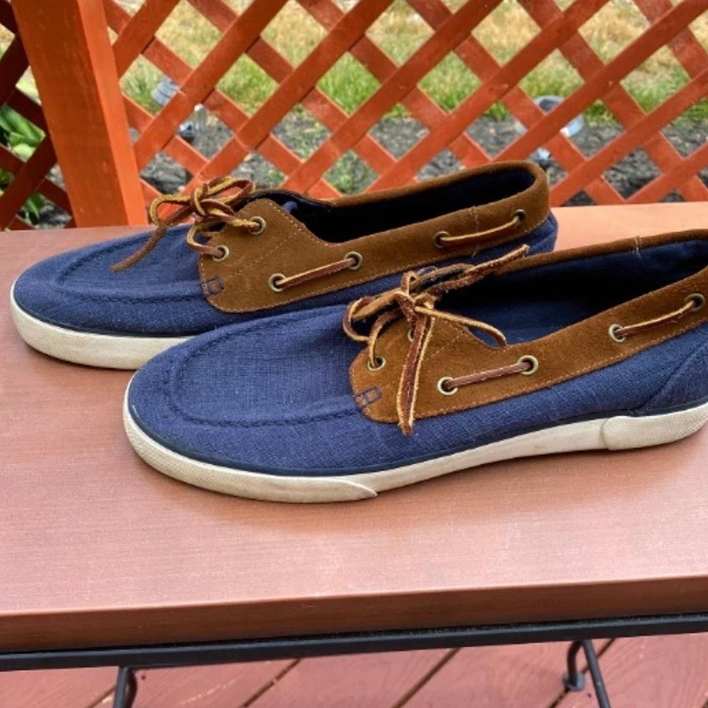 Polo Ralph Lauren Franz Boat Shoes Mens 9.5 D Navy Blue Linen Brown Suede 01087
