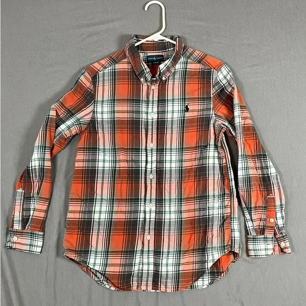 Ralph Lauren Button-Down Boys L 14-16 Plaid Orange Black White EUC