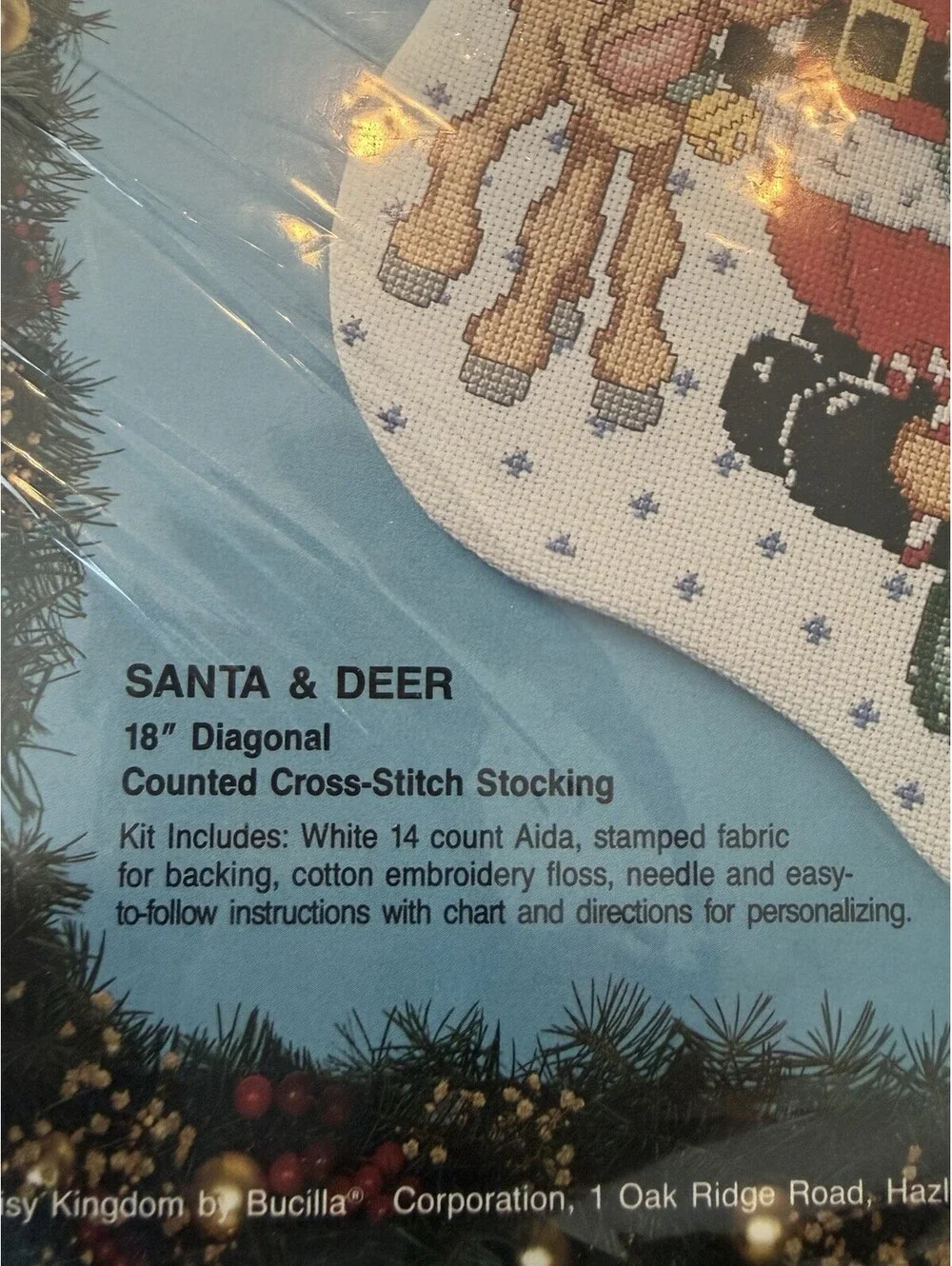 Vintage 1993 Bucilla Santa And Deer Cross Stitch Stocking New