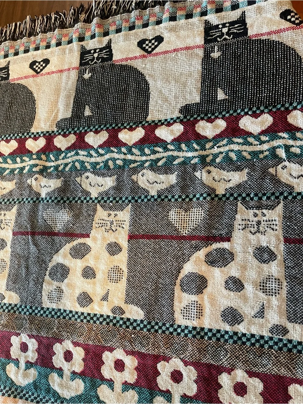 80s Whimsical Cat Woven jacquard  Throw Blanket - with damage -pulled threads