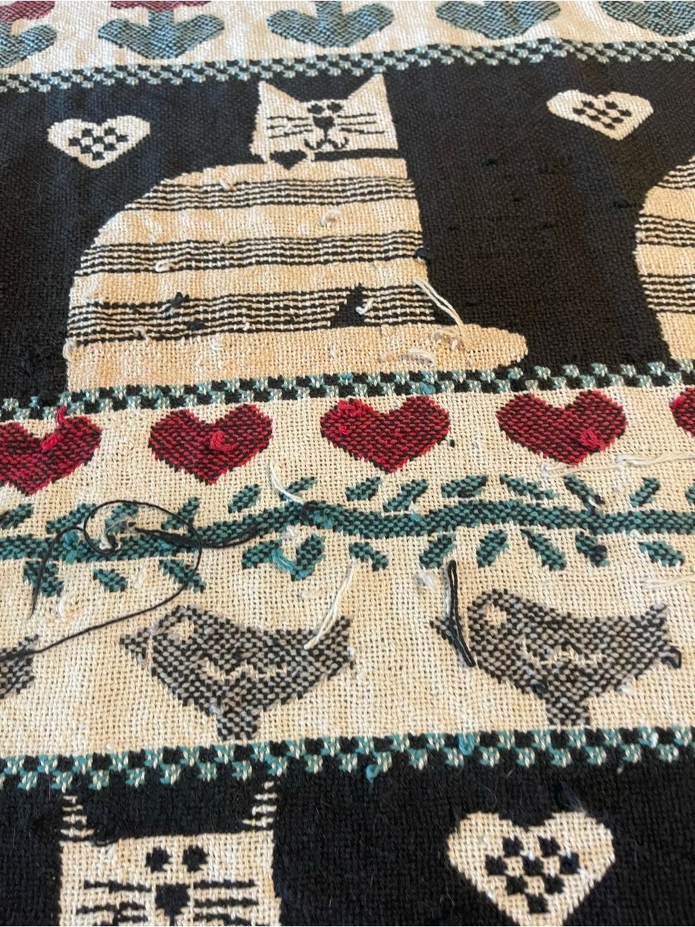 80s Whimsical Cat Woven jacquard  Throw Blanket - with damage -pulled threads