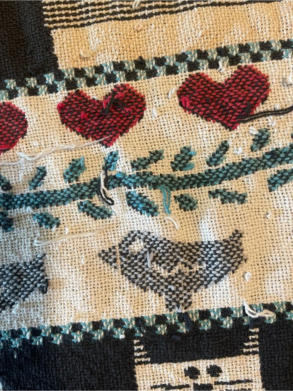 80s Whimsical Cat Woven jacquard  Throw Blanket - with damage -pulled threads