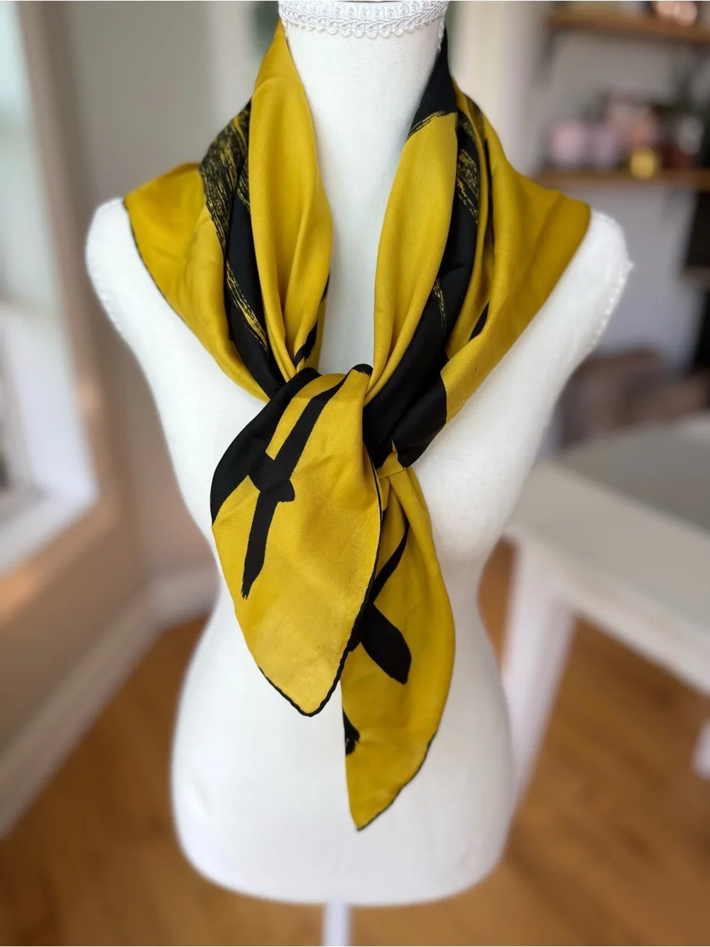 Vintage Lord & Taylor Yellow Black Brushstroke Large Square Silk Scarf