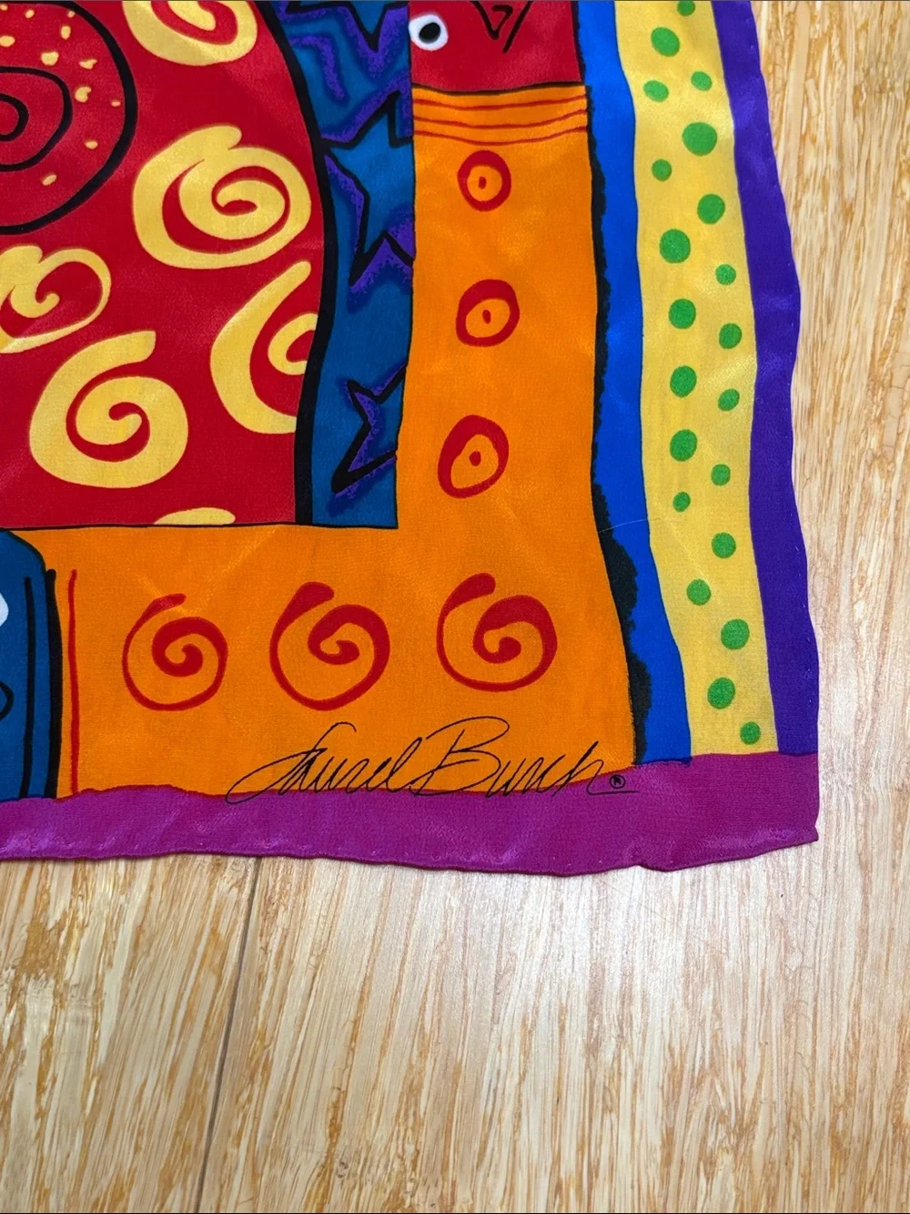 Vintage Laurel Burch Colorful Cat Fish Square Silk Scarf cat lover 90s artsy