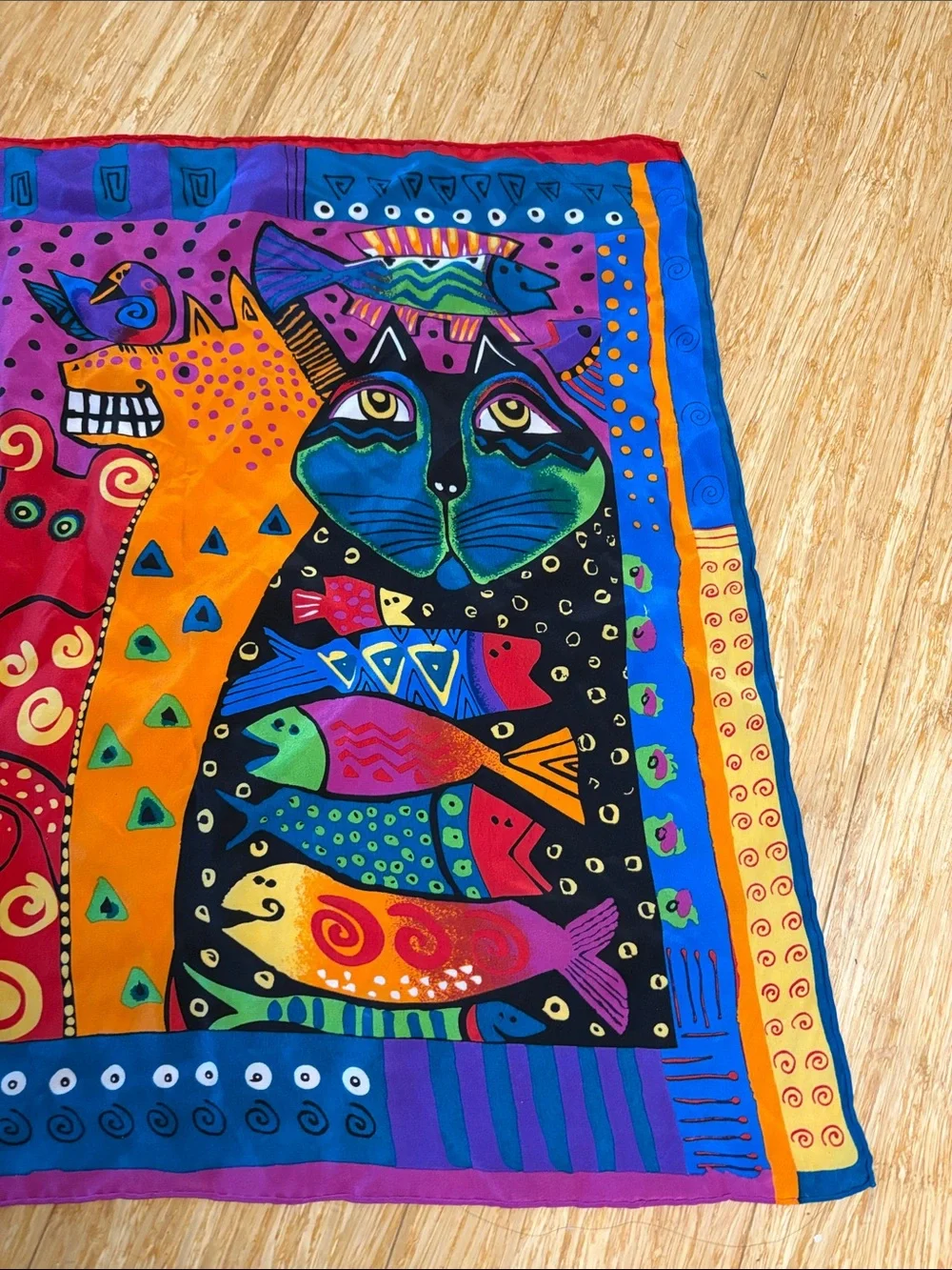 Vintage Laurel Burch Colorful Cat Fish Square Silk Scarf cat lover 90s artsy