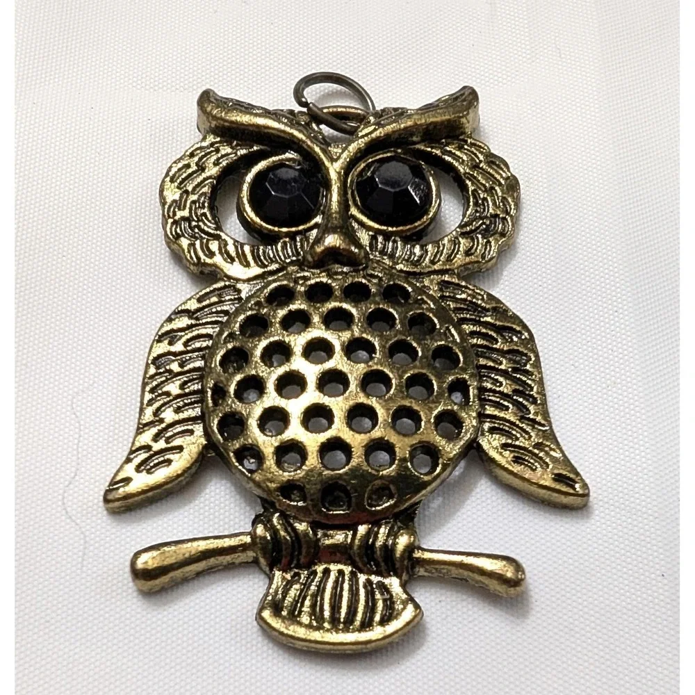 Vintage Owl Pendant Brass Gold Tone Black Stone Eyes 1.75