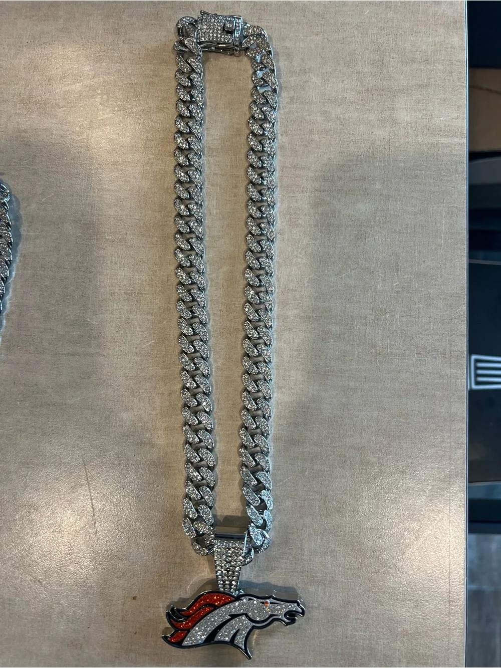 Denver Broncos Gem Chain Iced Out Pendant Silver NFL Fan Necklace