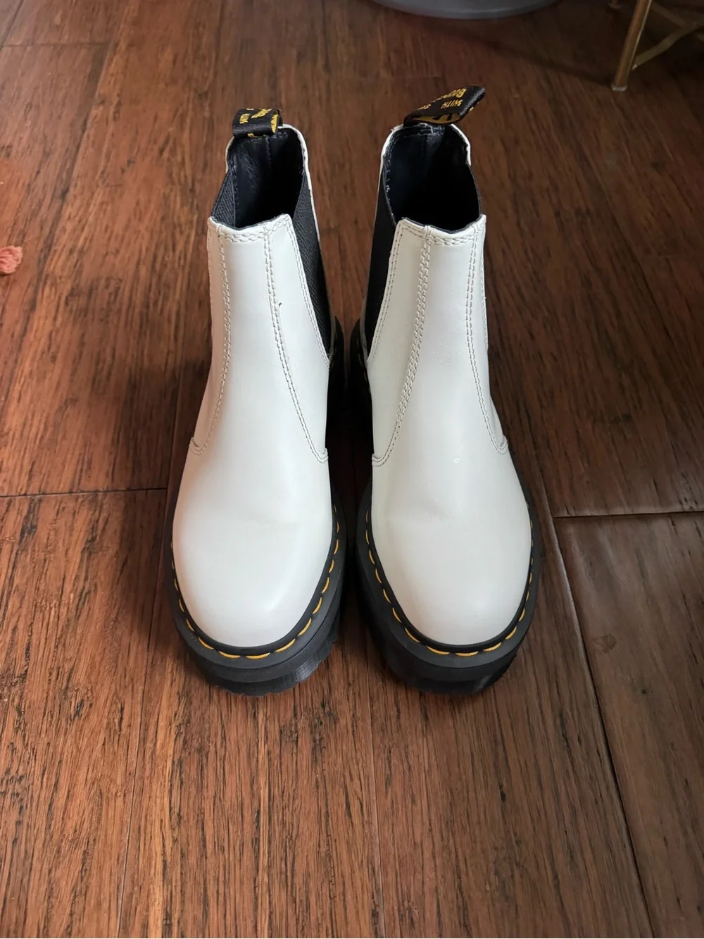 Dr. Martens White Kids Chelsea Boots with Black Elastic and Yellow Stitching