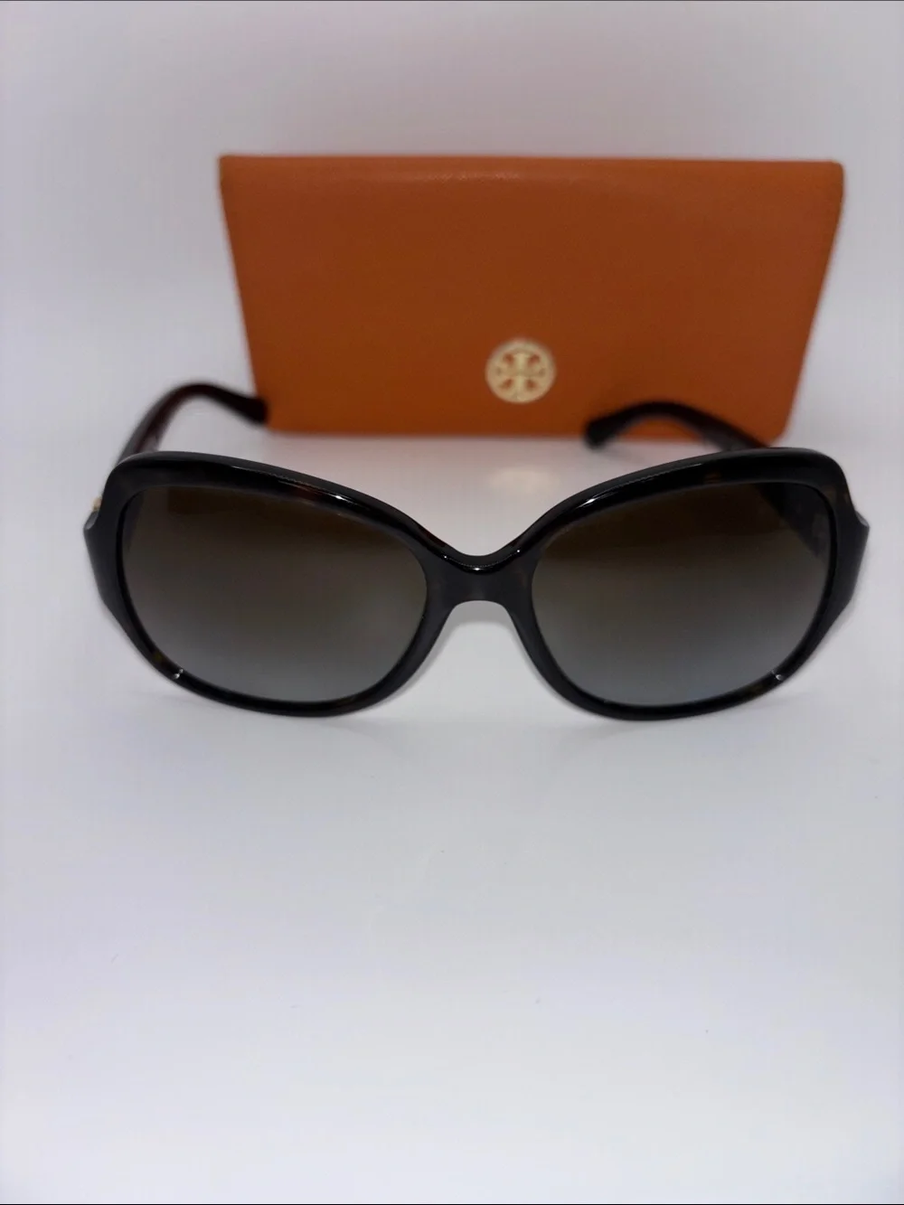 Tory Burch Black Oversized Tortoise Sunglasses with Orange Logo Case