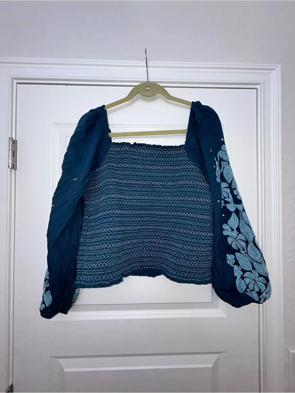 By Anthropologie Embroidered Embellished Statement Sleeve Smocked Shirt Top