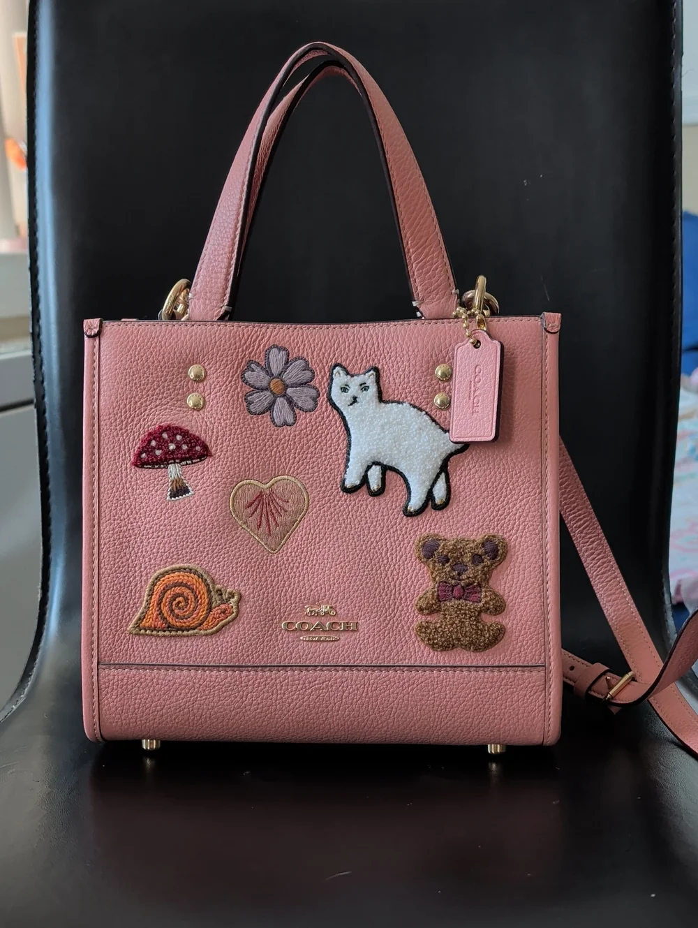 COACH Pink Pebbled Leather Satchel with Embroidered Appliqués