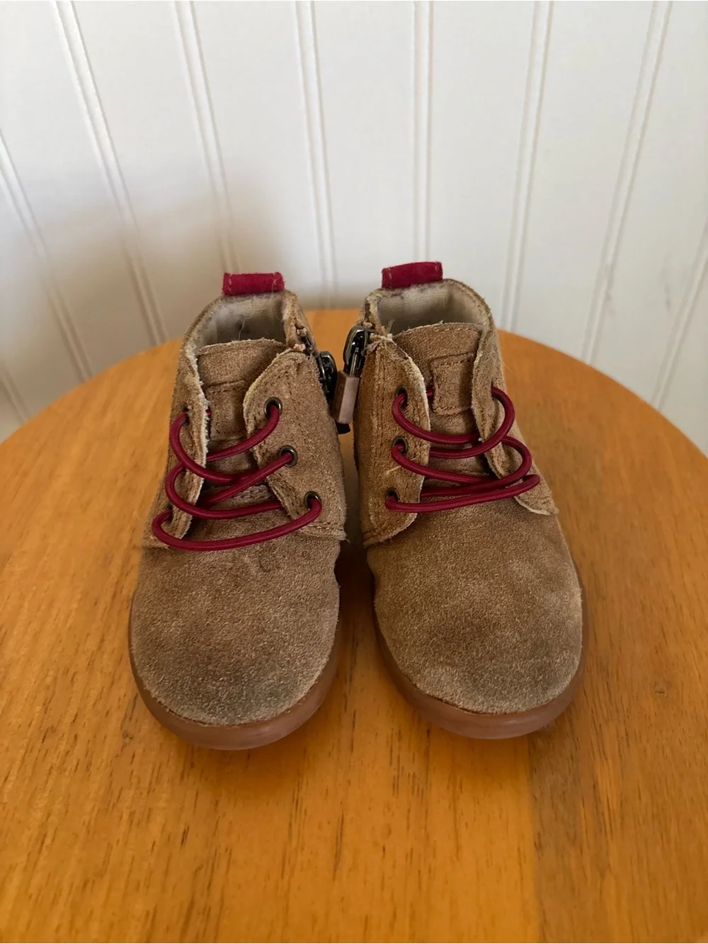 UGG Kids Tan Suede Ankle Boots with Burgundy Laces