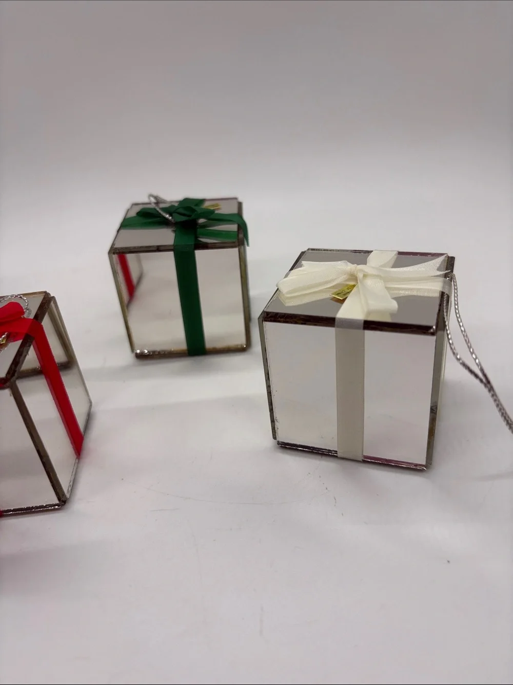 Mirrored Glass Gift Box Ornament with Red, Green, VTG