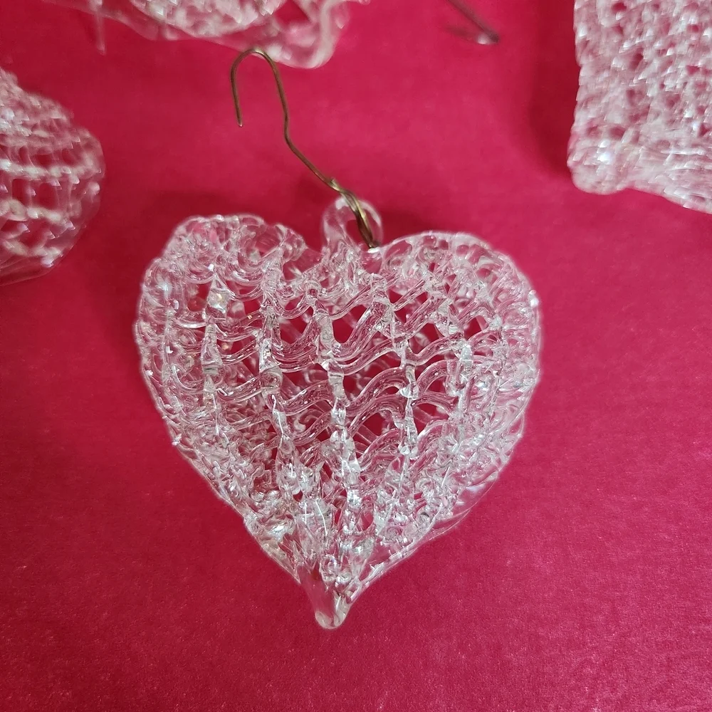 Vintage 4 Spun Glass Christmas Ornament Set. Heart, Sleigh, Stocking, Bell