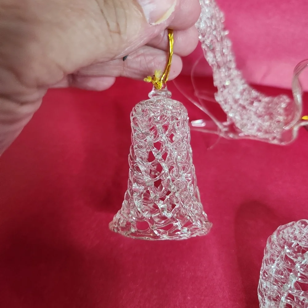 Vintage 4 Spun Glass Christmas Ornament Set. Heart, Sleigh, Stocking, Bell