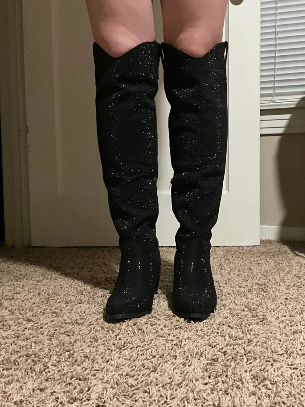Women's Black Over Knee Pointed Toe Sparkly Chunky Heel Thigh High Boots