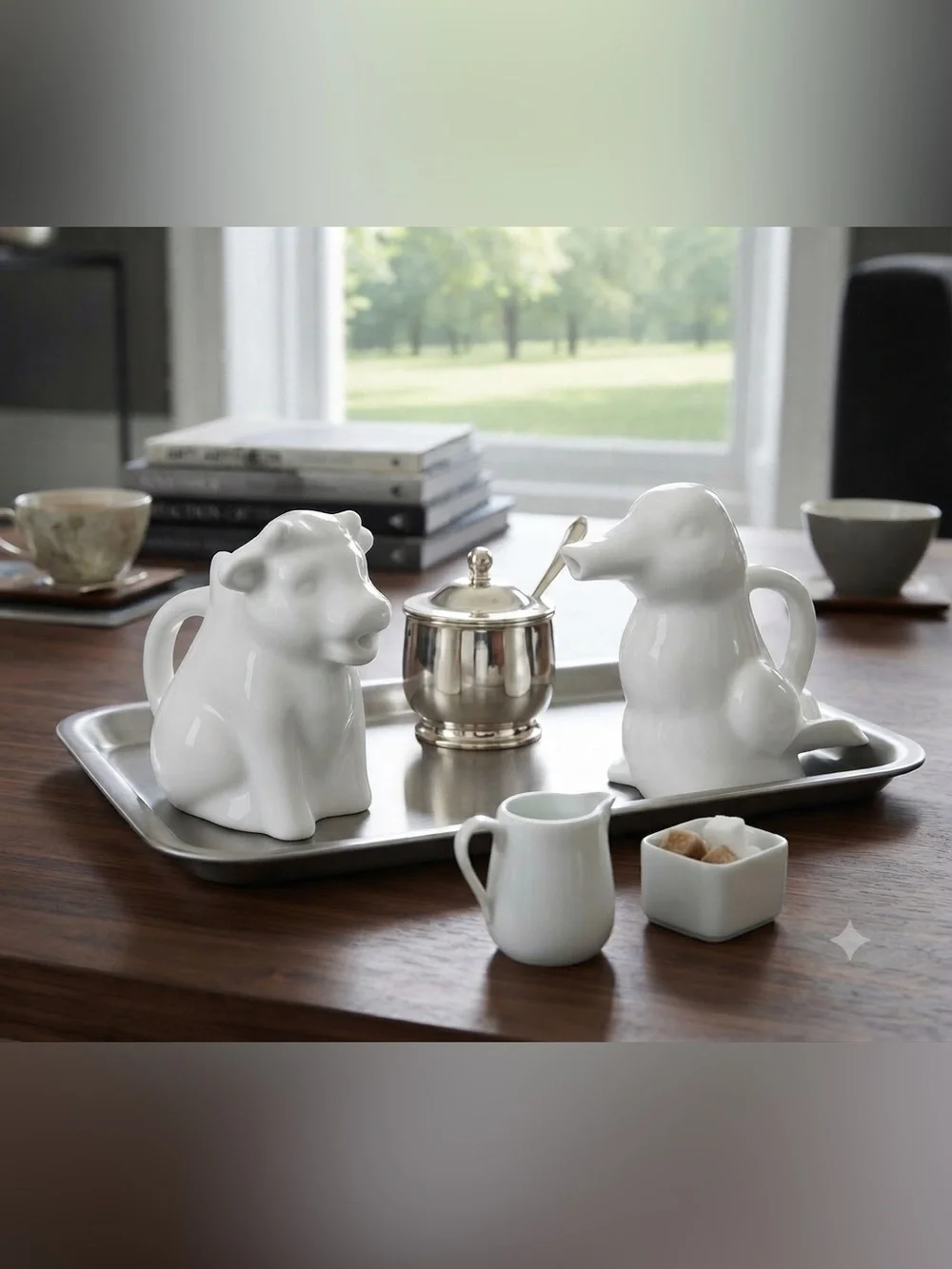 Set of small White Ceramic Animal Figurines creamer Duck and Cow