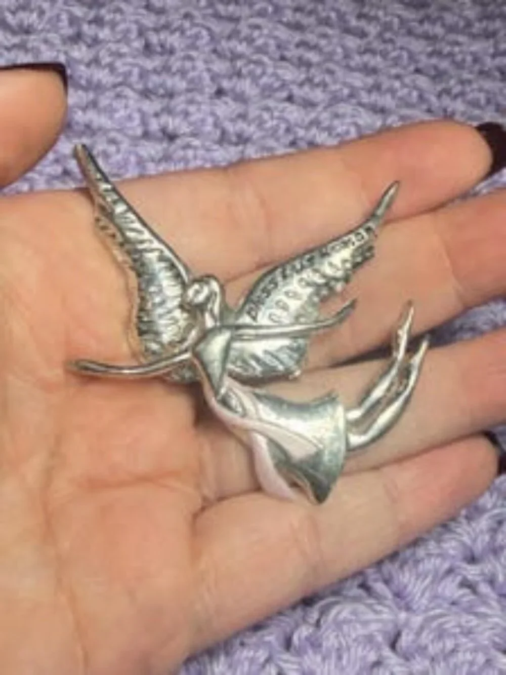 Angel Brooch Bless This Woman Breast Cancer Ribbon Vintage Pin 3 inches